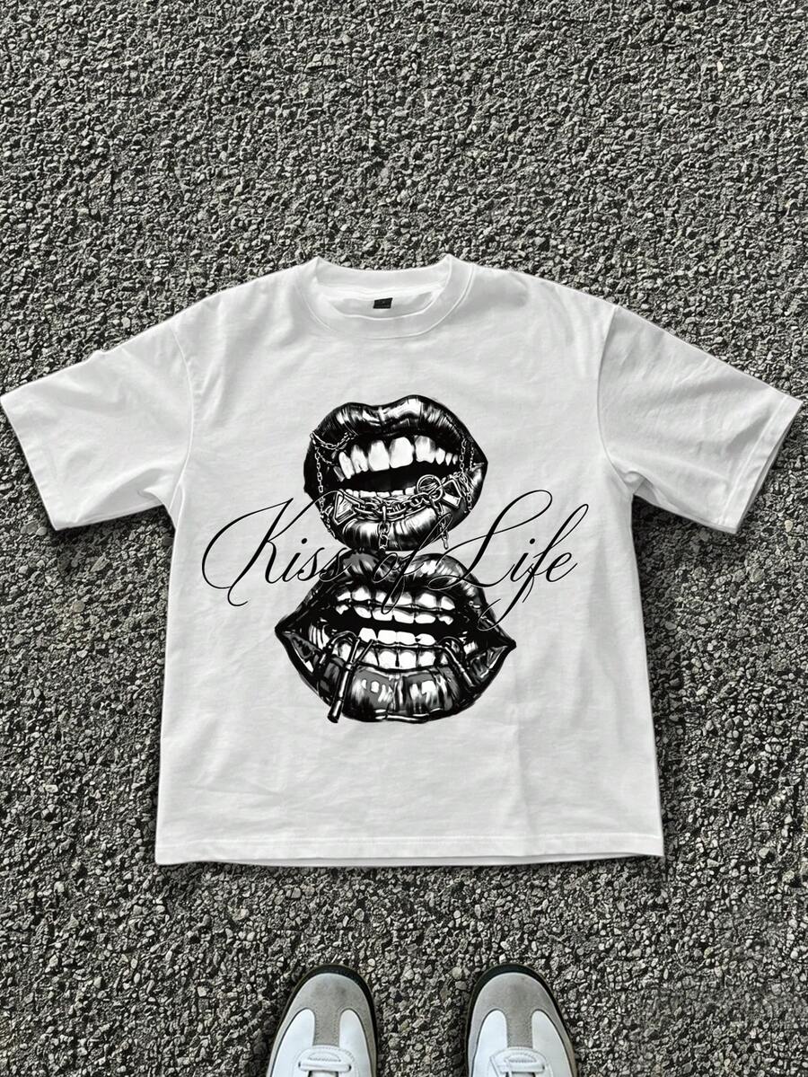 Manfinity EMRG Men's Summer Casual Lip Print T-Shirt - White - View 1