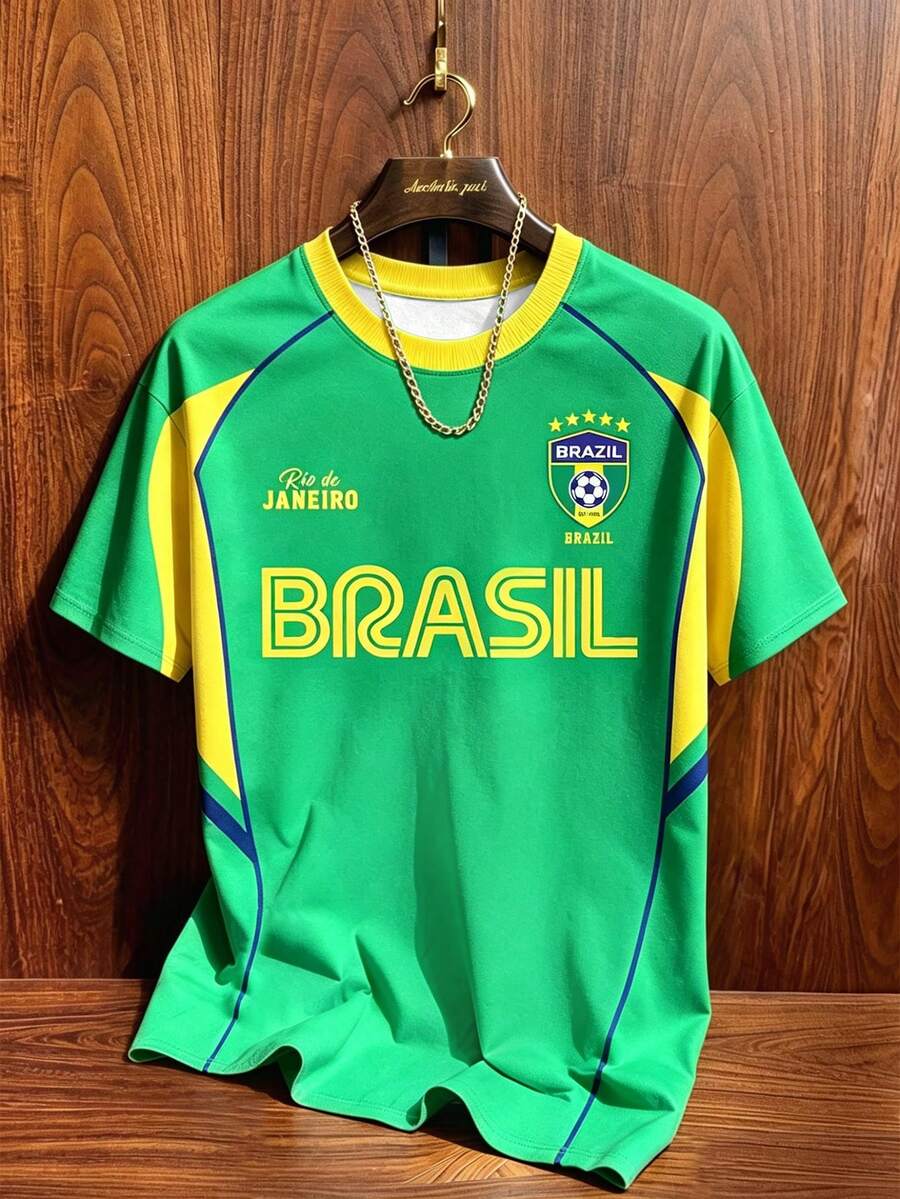 Aesthetic Post Brazil BRASIL 字母綠黃復古球衣,撞色圓領寬鬆足球訓練T恤,男女款圖案T恤,街頭風度假足球風 - 彩色 - 查看 1