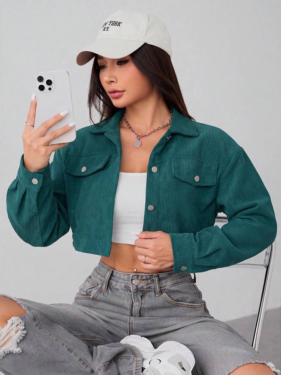 SHEIN PETITE Spring Outfits Drop Shoulder Flap Detail Crop Corduroy Black Jacket In Fall/Winter - Green - View 1