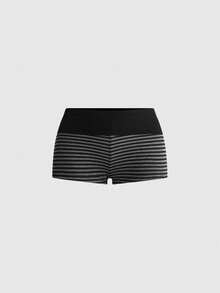 ROMWE Grunge Punk Summer Y2K Slogan Print Black & Gray Striped Fitted Tube Top & Folded Waist Ultra Low Waist Mini Shorts 2pcs Set - Black - View 5