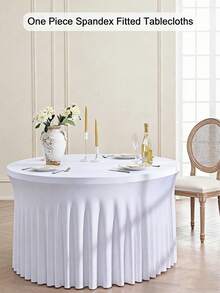1pc White Stretch Spandex Tablecloth – Wrinkle Resistant Washable Fitted Table Cover For Dining, Wedding, Banquet, Party (Rectangle, Frame Not Included) - Round white - View 8