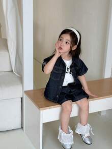 Dazy Kids Baby Girls' Collared Short Sleeve Shirt & Loose Denim Shorts Set Summer - Blue - View 7