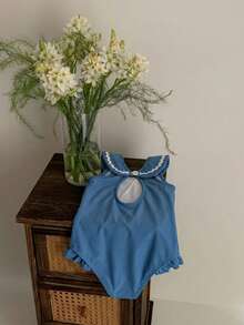 DAZY Baby Girl Casual Button Contrast Color Ruffle One-Piece Swimsuit Versatile Summer Toddler - Blue - View 2
