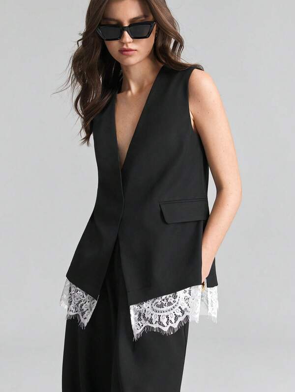 Ontre Women's Regular Jacket With Front Placket, Metal Button Decor, Lace Patchwork Contrast Design, Summer Business Casual Office Black And White