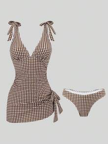 Swim Mod 女款標準尺寸格紋印花側抽褶海灘度假背心與比基尼褲兩件式泳衣套裝 - 咖啡棕 - 查看 4