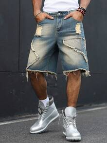 Manfinity EMRG Shorts de mezclilla estilo callejero americano con patchwork, deshilachados y desgastados - Azul - Ver 3