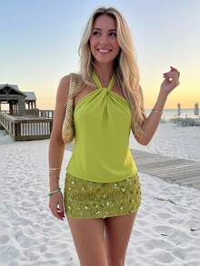 Lavishia Women's Halter Top And Sequin Mini Skirt Elegant Sexy Luxury Set, Suitable For Vacation Beach Night Out Green Summer - Green - View 6