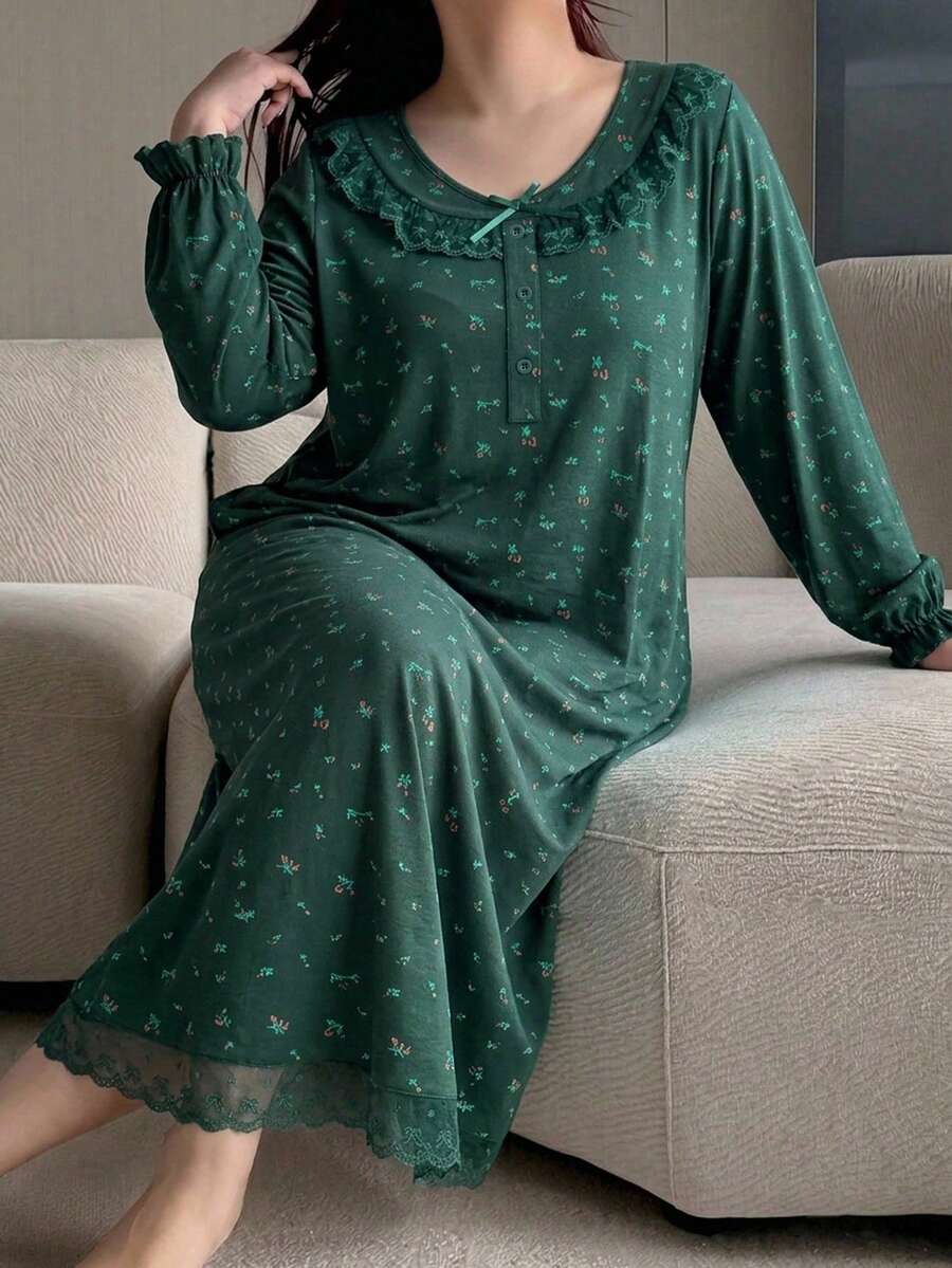 Dazy Plus 對比蕾絲短袖春夏小碎花寬鬆可愛長版大尺碼女款居家睡裙 - 墨綠色 - 查看 1