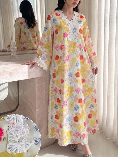Yasmyna V-Neck Embroidered Applique Pink Relaxed Casual Long Sleeve Flared Elegant Robe