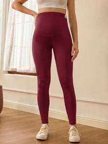 SHEIN 孕婦休閒百搭純色高腰內搭褲 - 紅色 - 查看 4