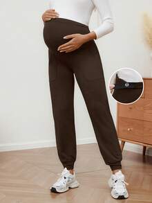 SHEIN 孕婦純色可調腰圍休閒百搭日常穿著長褲 - 巧克力棕 - 查看 1
