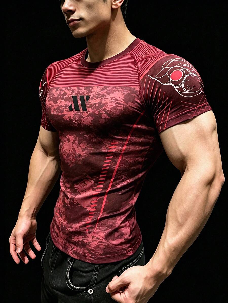 GymBeat Men's Striped Print Raglan Short Sleeve Sports T-Shirt, Gym - Black - View 1