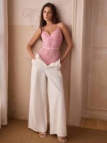Charlaine 3/4 Cup Lace Patchwork Slimming Effect Romantic Comfortable Women's Jumpsuit - Pink - View 7