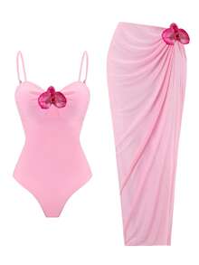 Bonvoyette Swim Oasis 2件組女款夏季純色細肩帶海星裝飾長裙與連身泳衣套裝 - 彩色 - 查看 3