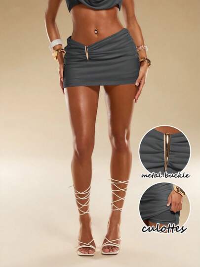 Normani Women's Summer Fashion Metal Decor Mini Skirt Party Clubbing Going Out Night Dark Grey Sexy