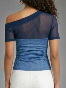 SHEIN Top casual versatile da donna con scollo asimmetrico, patchwork in rete, arricciature e vestibilità aderente - Blu - Visualizzare 2