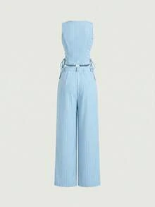 SHEIN MOD V領無袖側綁帶收腰直筒褲黑色條紋套裝 - 淺藍色 - 查看 2