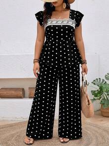Breezaya Conjunto de 2 piezas de top y pantalones con estampado de lunares talla grande, atuendo casual para vacaciones - Negro - Ver 3