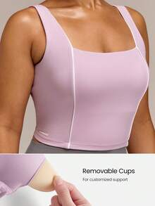 GLOWMODE FeatherFit™ Sporty Flow Crossover Back Cropped Tank With Contrast Piping & Removable Cups Low Impact Plus Size Yoga Pilates Studio Daily Active - Dusty Pink - View 4