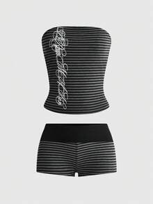 ROMWE Grunge Punk Summer Y2K Slogan Print Black & Gray Striped Fitted Tube Top & Folded Waist Ultra Low Waist Mini Shorts 2pcs Set - Black - View 1