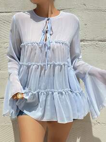 Dazy Plus Plus Size Round Neck Ruffle Flare Sleeve Chiffon Patchwork Tie-Front French A-Line Pullover Blouse, Spring/Summer Long Sleeve Vacation - Baby Blue - View 5