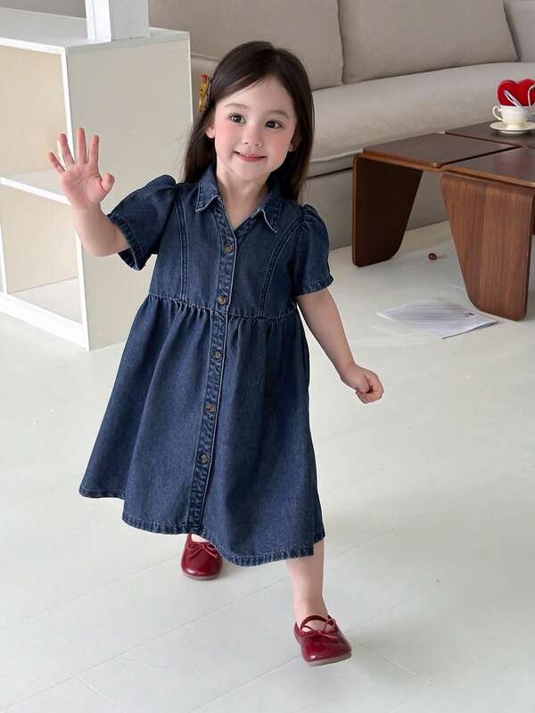 DAZY Infant/Toddler (Girl) Turn-Down Collar Washed Korean Style Casual Denim Dress
