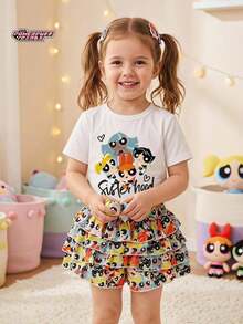 THE POWERPUFF GIRLS X SHEIN Maija Kids 女童圖案針織軟綿圓領短袖套頭T恤與鬆緊腰分層裙褲兩件套 - 彩色 - 查看 3