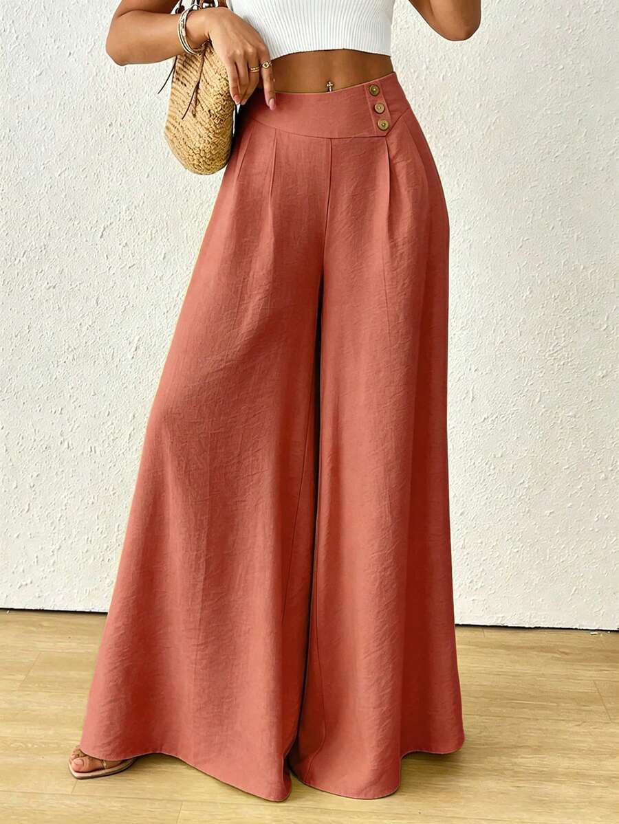 SHEIN Raffinéa Pantalones casuales de pierna ancha de unicolor para mujer para vacaciones - Rojo - Ver 1