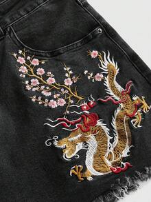 ROMWE Grunge Punk 大尺碼女款復古新中式刺繡毛邊牛仔短褲 - 灰色 - 查看 4