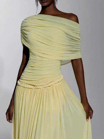 Elitara Elegant Minimalist High-Elasticity Knitted Mesh Asymmetrical One-Shoulder Ruched Low-Waist Handmade Rope Design Small A-Line Long Dress, Suitable For Date, Vacation, Bachelorette Party, Wedding, Back To School, All Formal Occasions, Evening Party, Women's Bridesmaid Dress