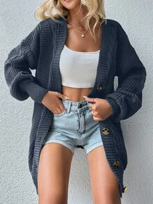 EURMUSE Autumn/Winter Casual Versatile Solid Color Cardigan - Navy Blue - View 5