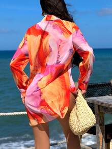 Swim Vcay 女款花卉印花單排扣休閒百搭日常外穿和服式罩衫 - 粉色 - 查看 2