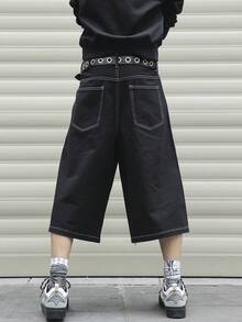 Manfinity Hypemode 男士大尺碼寬鬆休閒牛仔短褲，附口袋 - 黑色 - 查看 2