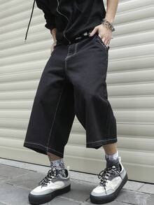 Manfinity Hypemode 男士大尺碼寬鬆休閒牛仔短褲，附口袋 - 黑色 - 查看 6