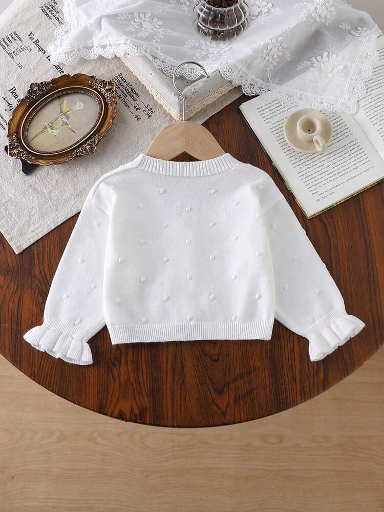 SHEIN 女嬰針織開襟衫，波浪荷葉袖口設計，V領針織毛衣，舒適柔軟，白色百搭甜美休閒極簡日常穿搭，適合秋冬居家、旅行、外出、派對、戶外玩耍、野餐 - 白色 - 查看 2