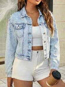 Selenza Studded Detail Flap Pocket Denim Jacket - Light Wash - View 8