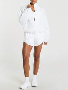 11SKNDS Oversized Mock Neck Full Zip Windbreaker Jacket With Raglan Sleeves And Elasticated Hem Spring Transitional Outerwear Layer - White - View 4