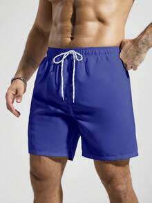 Manfinity KASUA Men's Solid Color Drawstring Waist Pocket Casual Beach Shorts - Royal Blue - View 5