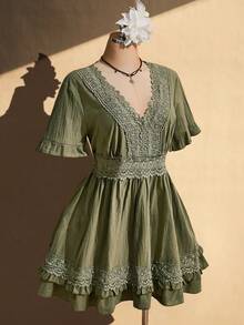 SHEIN ICON Women's Plus Size Lace Patchwork V-Neck Dress Cruise Vacation Olive Green Summer Bohemian Boho - Green - View 5