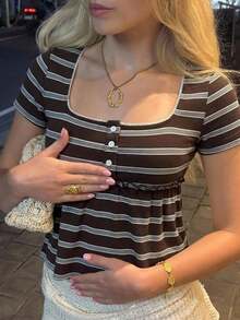 CovetEZ Brown Striped Casual Cute 90s Themed Women's Square Neck Short Sleeve Button Design T-Shirt Everyday Date Everyday Summer Travel Holiday - Brown - View 2