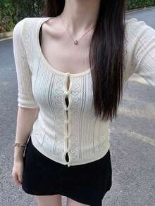 DAZY Women's Summer Short Sleeve Cardigan Knit Top - White - View 3
