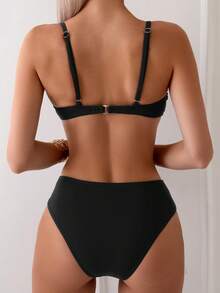 Swim Chiccia Summer Beach Pleated Spaghetti Strap Bikini Set - Black - View 6