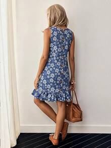 EMERY ROSE Summer Casual Jacquard Ruffle Hem Denim Dress - Blue - View 8