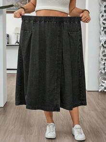 EMERY ROSE EMERY ROSE Plus Size Casual Washed Wrap Denim Skirt - Black - View 3