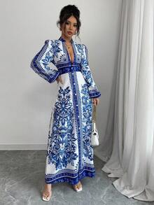 Elenzga Women's Floral Print V-Neck Button Elegant Midi Dress Fall Cloth For Women - Blue - View 5