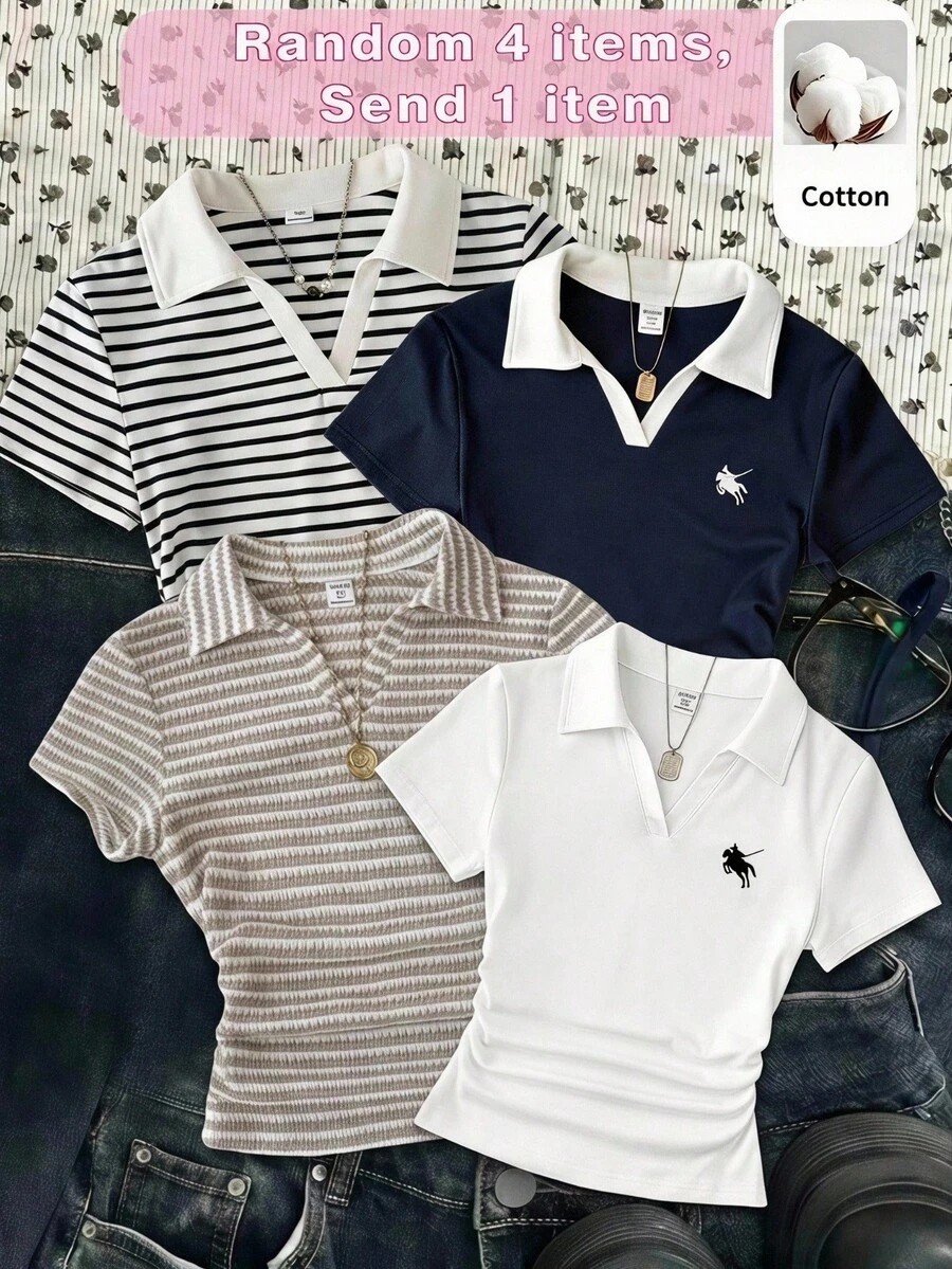 SHEIN 青少年女孩設計師款 V 領短袖夏季抓皺短版休閒 T 恤 - 白色 - 查看 1