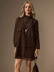 COSMINA Women Brown Boho Ruffle Tiered Mini Dress, Long Sleeve Lantern Sleeve Bohemian Dress, Flowy Dress - Brown - View 7
