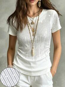 Glimmora Shiny Rhinestone Embellished Fashionable Minimalist Women's Drawstring Waist T-Shirt, Gift For Friends - White - View 1