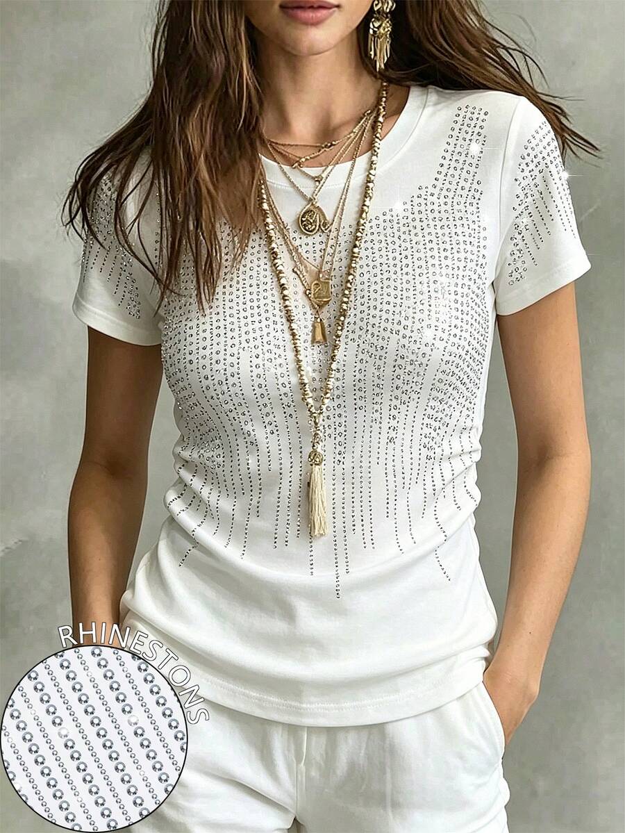 Glimmora Shiny Rhinestone Embellished Fashionable Minimalist Women's Drawstring Waist T-Shirt, Gift For Friends - White - View 1