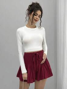 SHEIN 孕婦夏季休閒純色抽褶腰短褲 - 酒紅色 - 查看 7